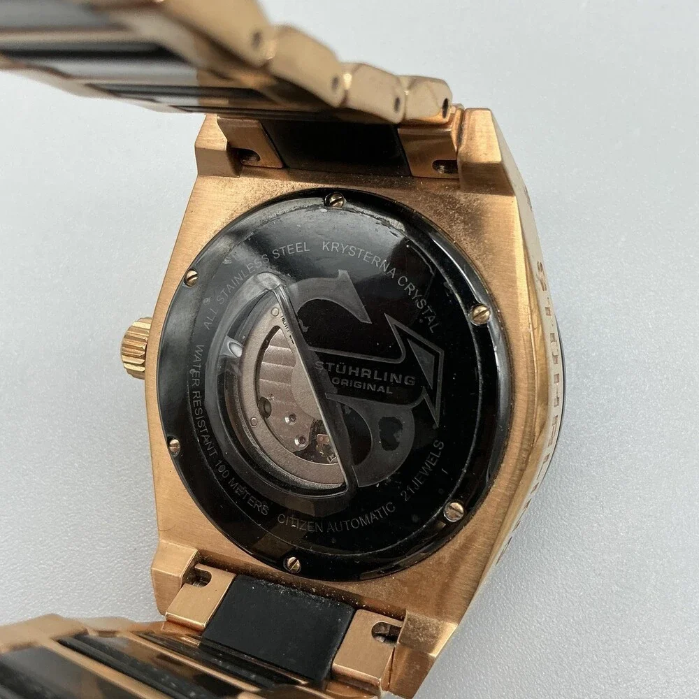 Stuhrling Original Mens Watch 49mm Black Dial Gold Tone Automatic 24-Hr 8.25